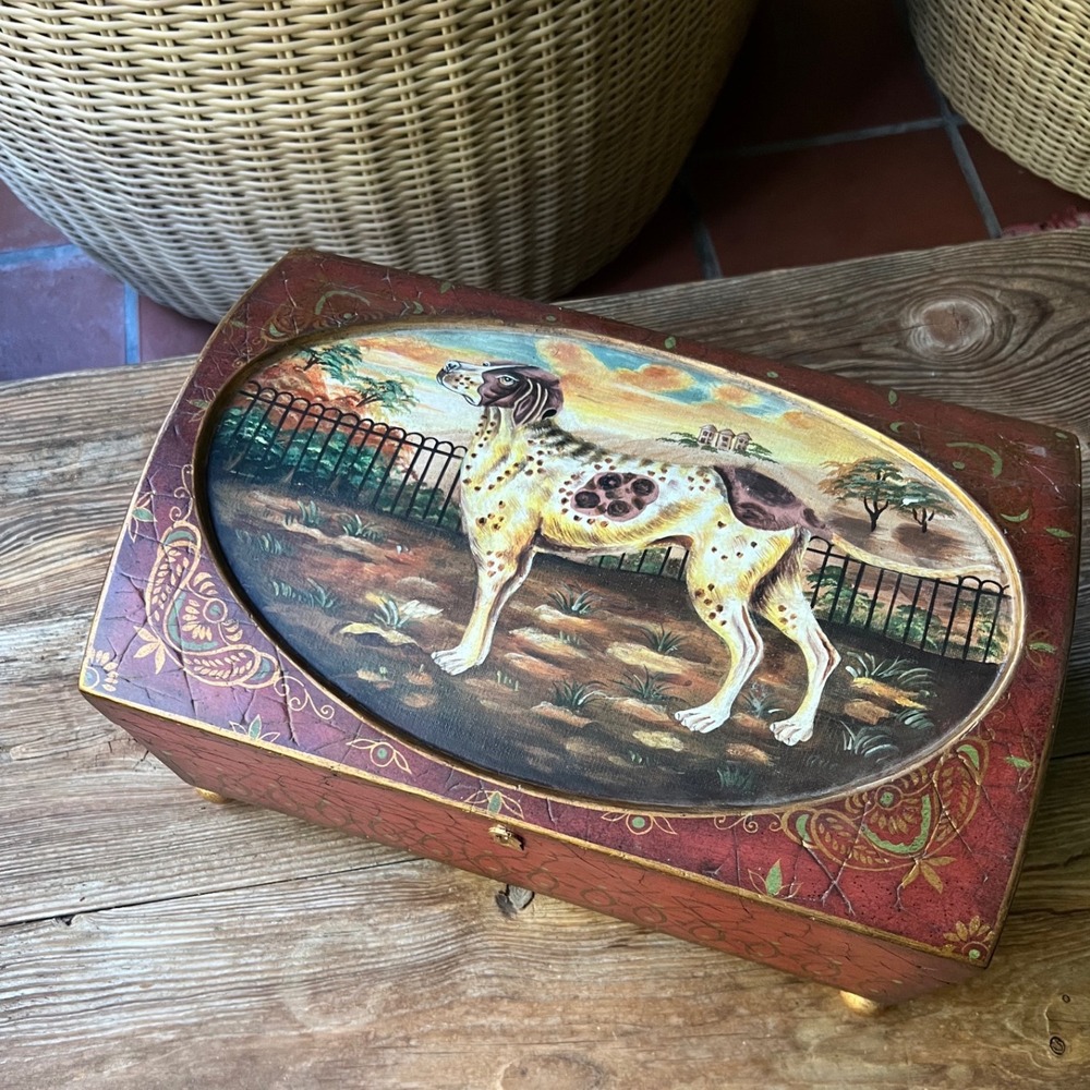 Vintage Hand Painted Wooden Dog Equestrian Lover Memory Storage Box Ralph Horse